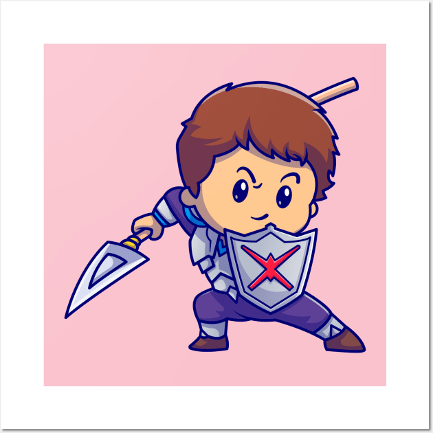 Cute Boy Knight With Shield And Spear Cartoon Wall Art by Catalyst Labs